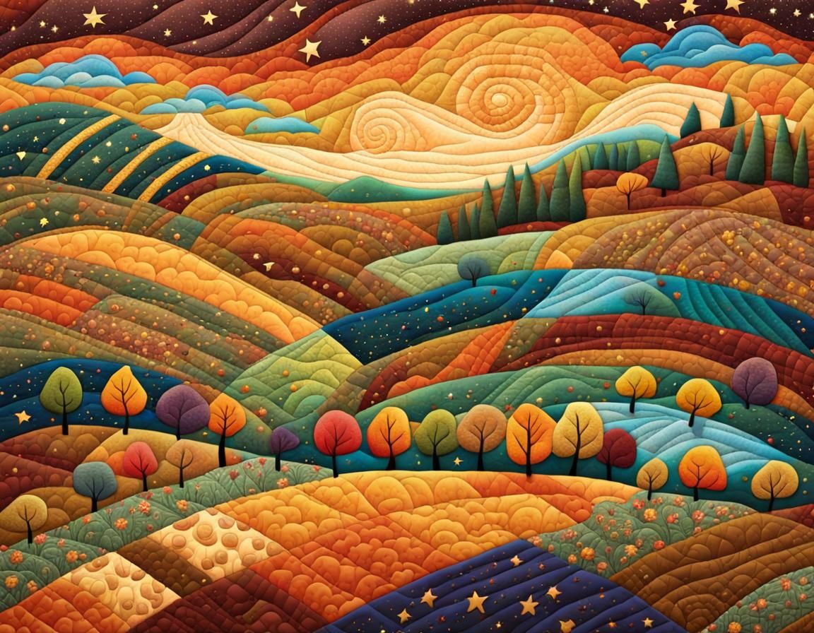 Quilted Autumn Landscape in Folk-Art Illustration