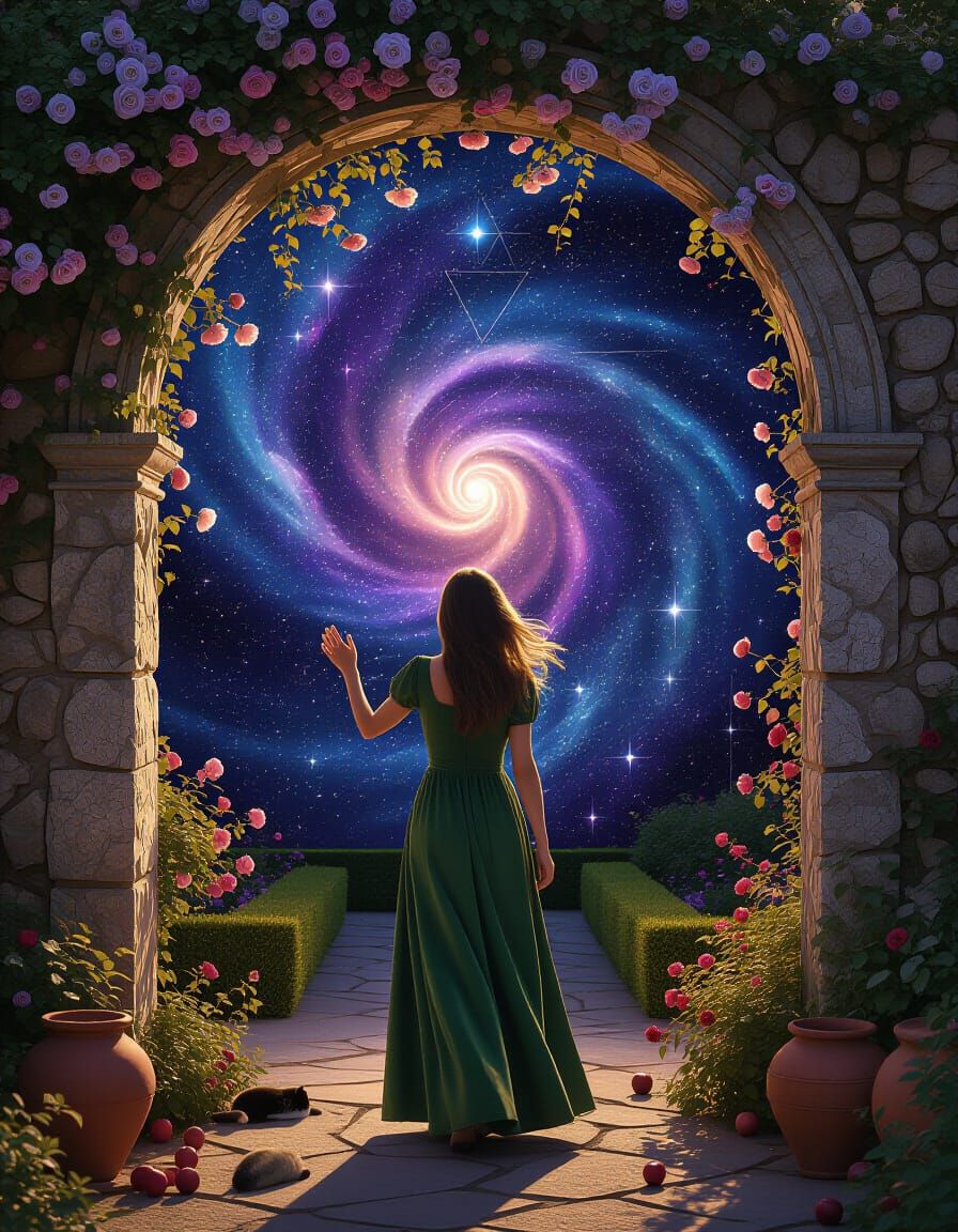 Woman at Cosmic Archway in Garden at Dusk
