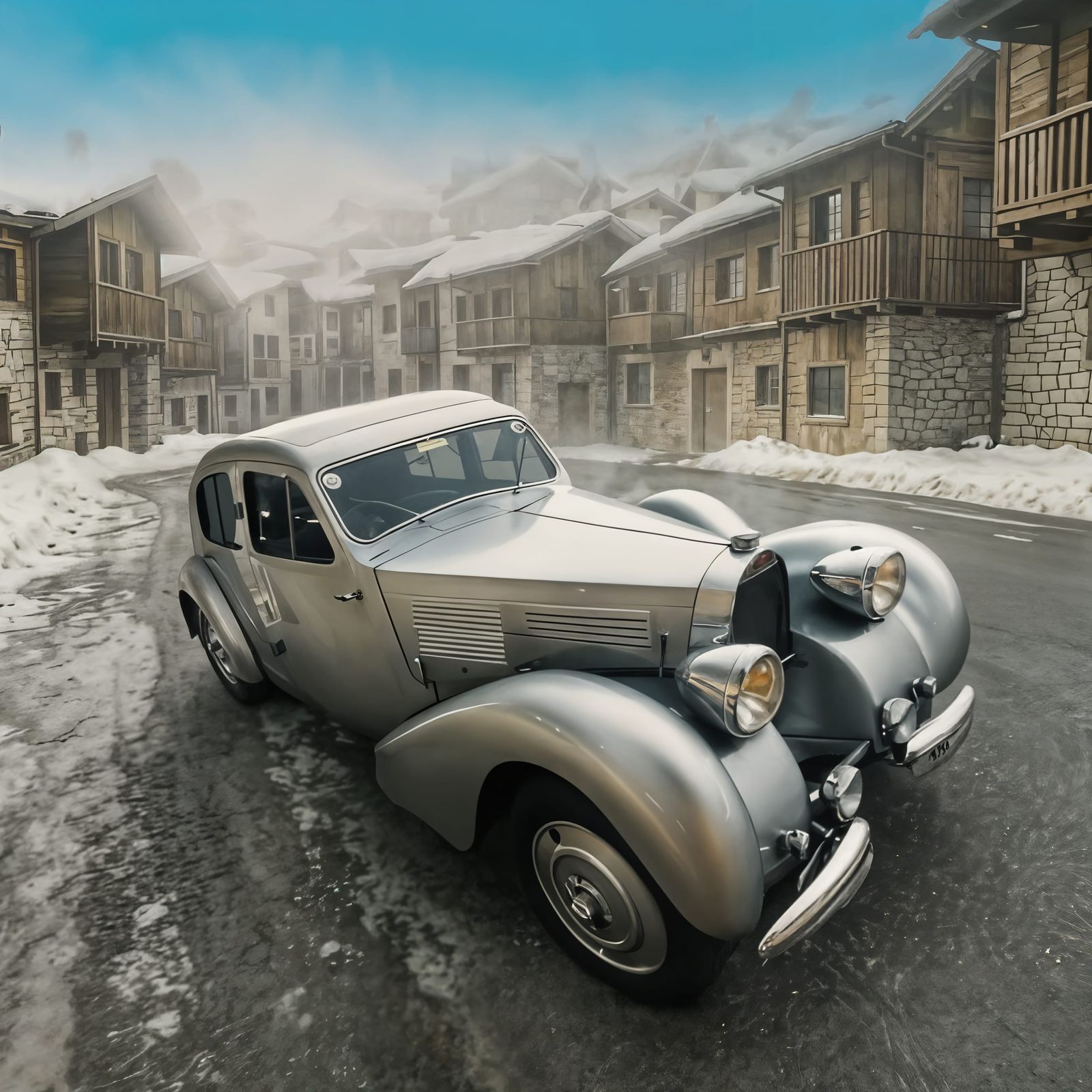 1938 Bugatti T57 Galibier in Snowy Andorra Village