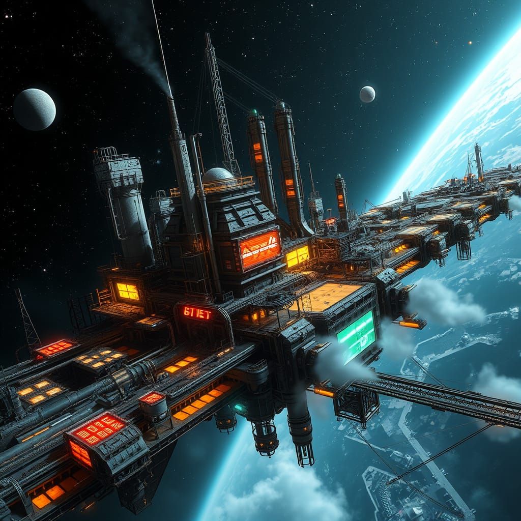 Cyberpunk Metropolis in Orbit, Constructed from Repurposed A...