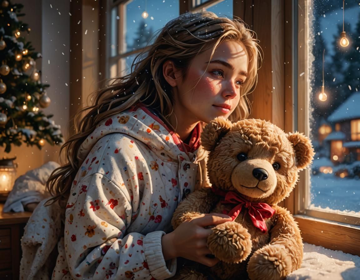 Girl Gazing at Snowfall: Hyperrealistic Splash Art