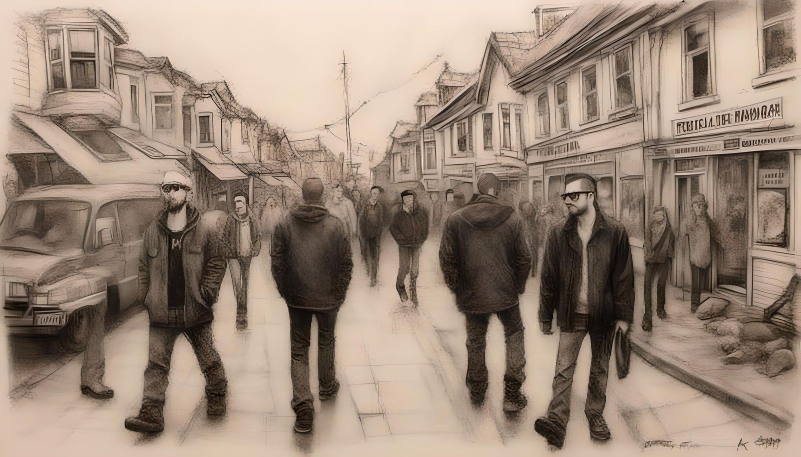 Helsinki Street Scene in Nineties as Pencil Drawing