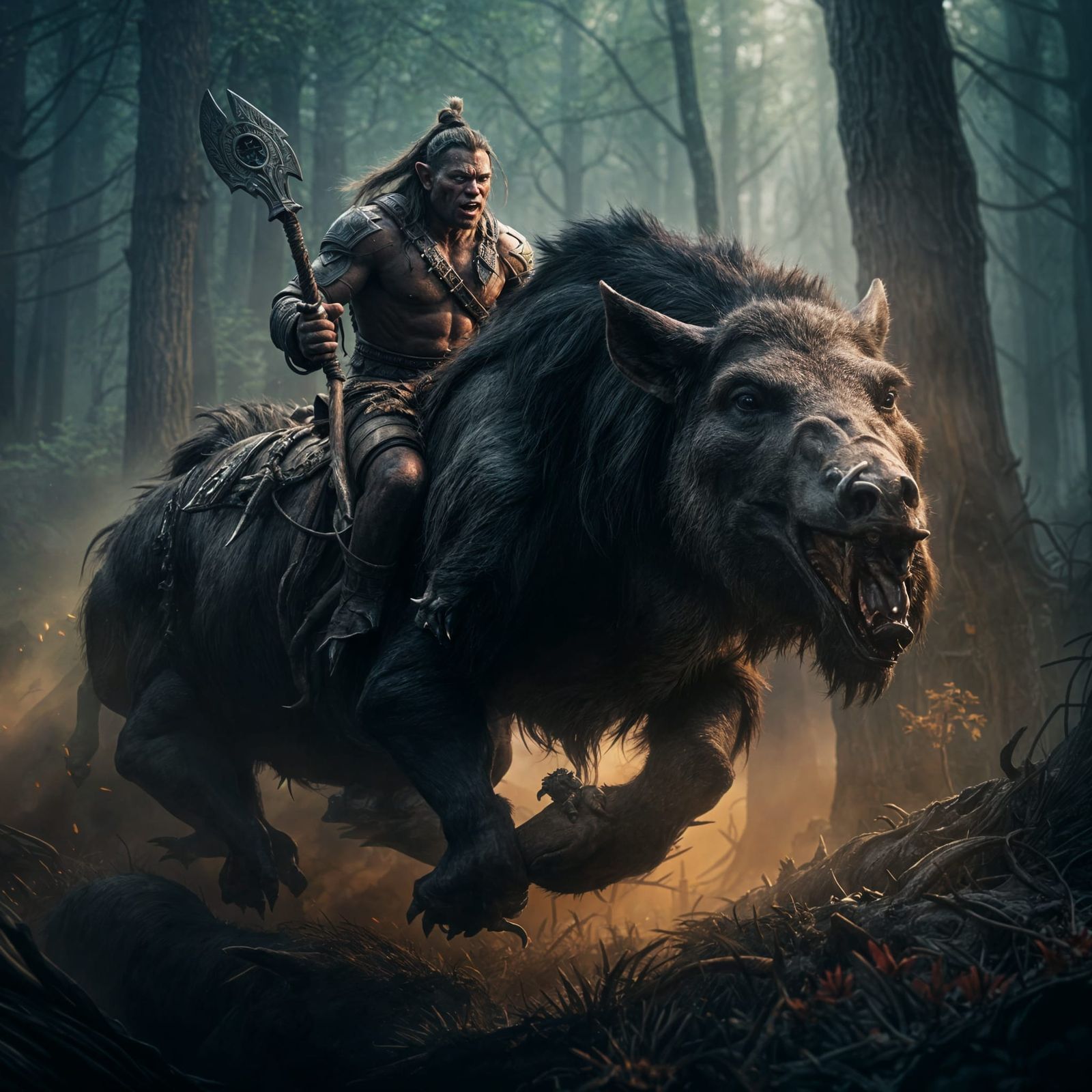 Tanned Orc Barbarian Rides Wild Boar