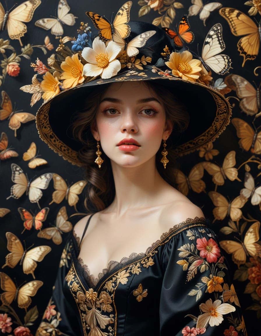 Baroque Portrait of Woman with Floral Hat
