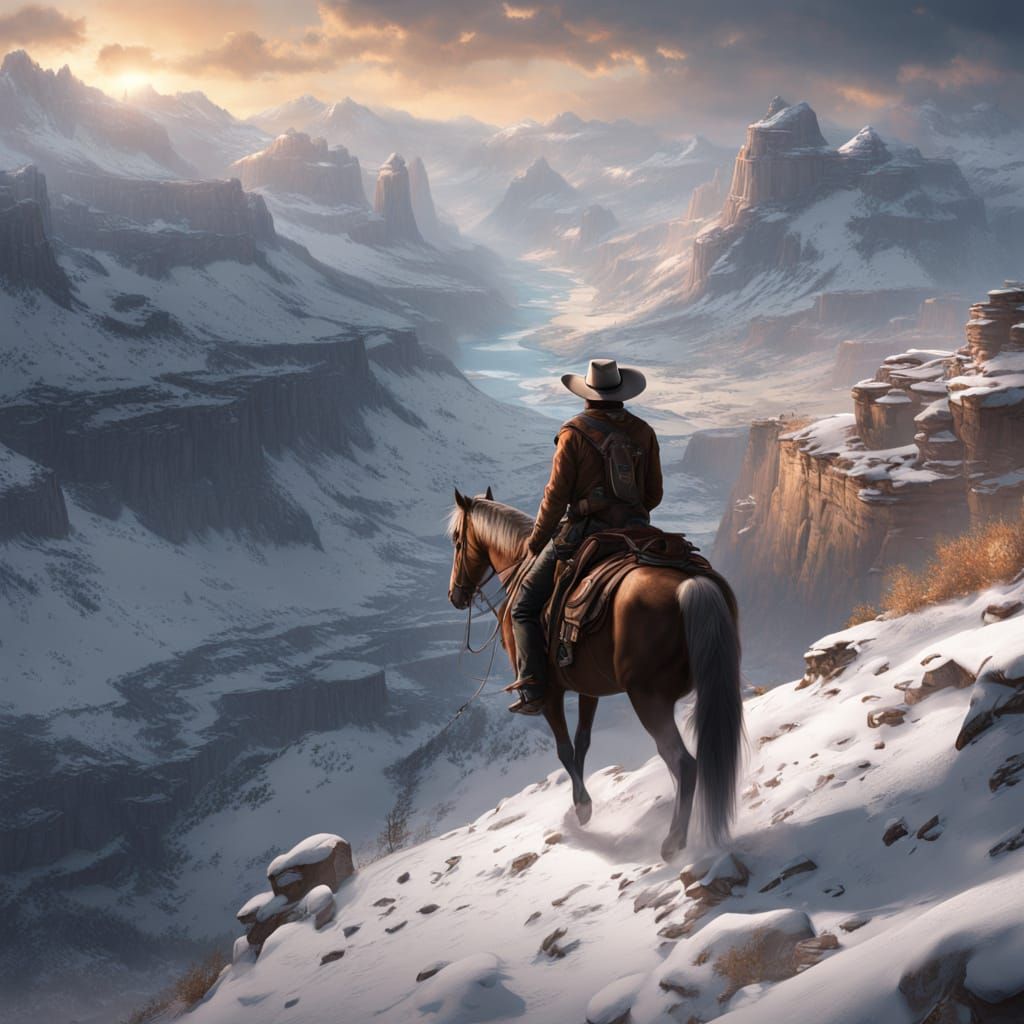 Cowboy on Horseoverlooks Snowy Valley with Longhorns