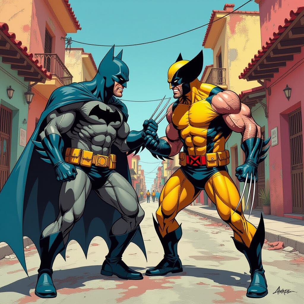 Batman and Wolverine Clash in Comic Book Style