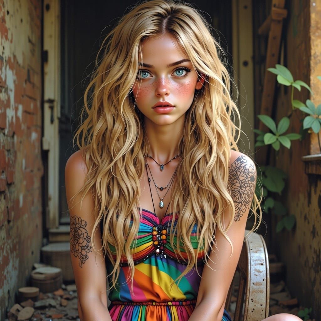 Beautiful Freckled Woman in Rainbow Dress, Photorealistic St...