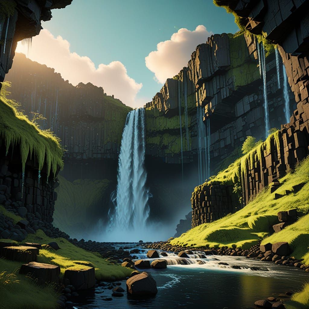 Svartifoss Waterfall: Fantasy Landscape in Matte Painting St...