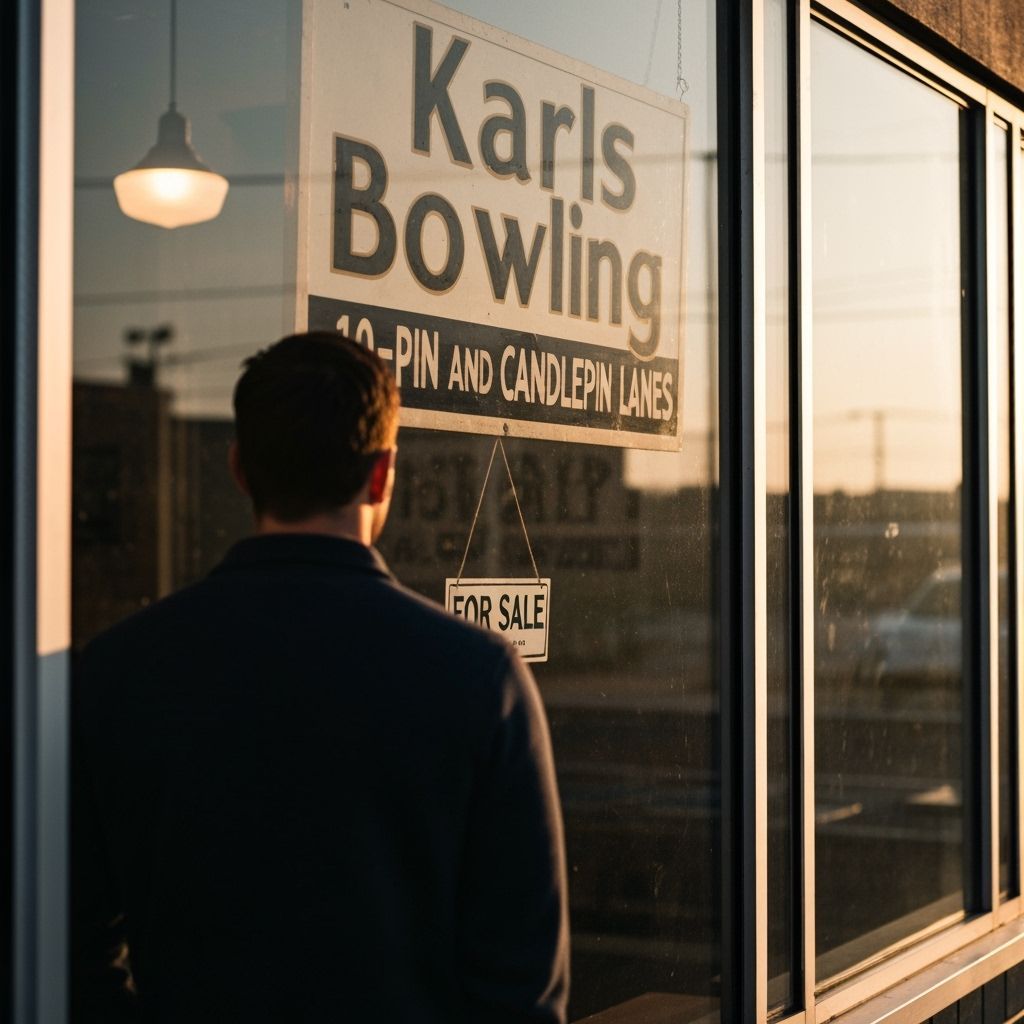 Man Gazes at "Karls Bowling" For Sale Sign