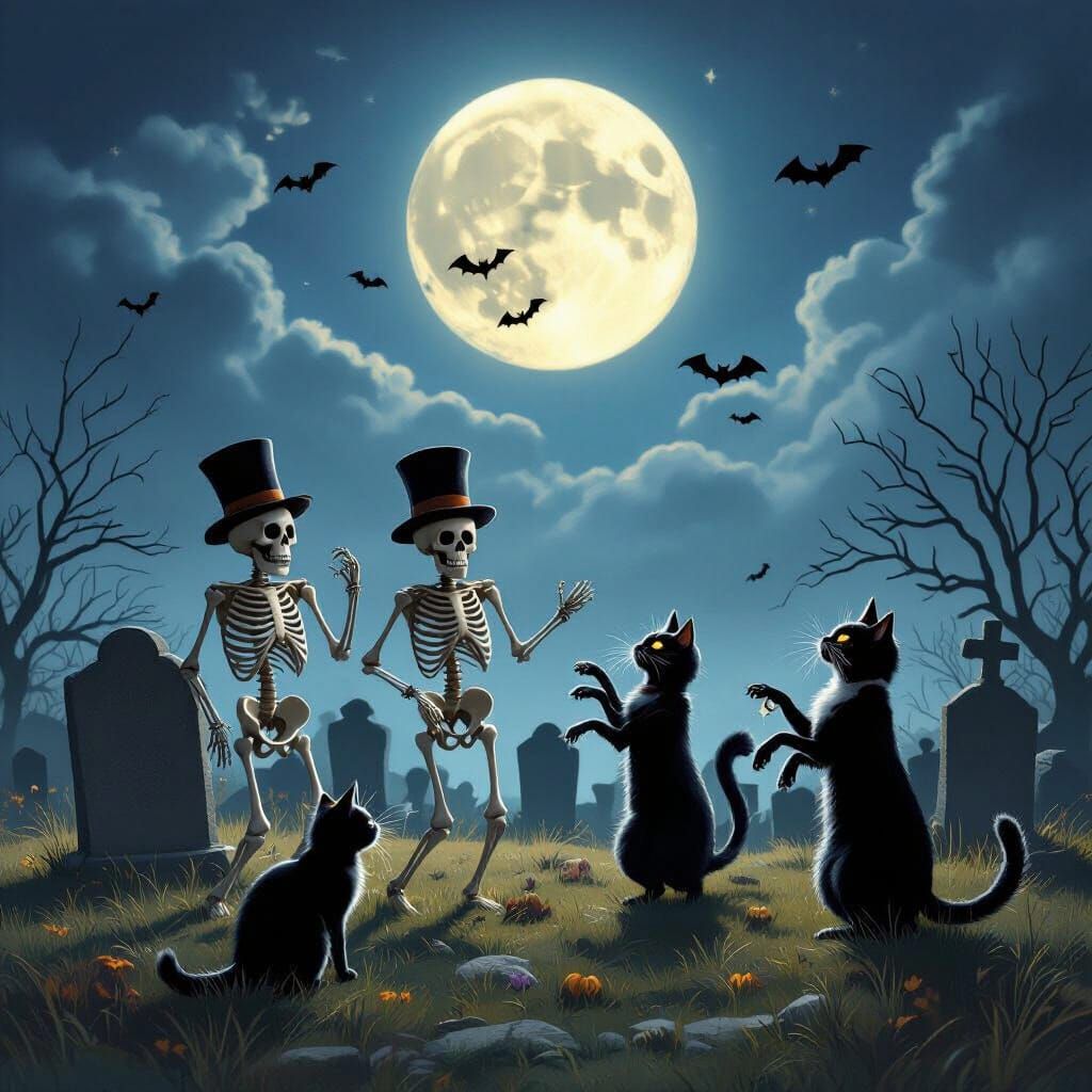 Halloween Skeletons Dance with Cats Under Moon