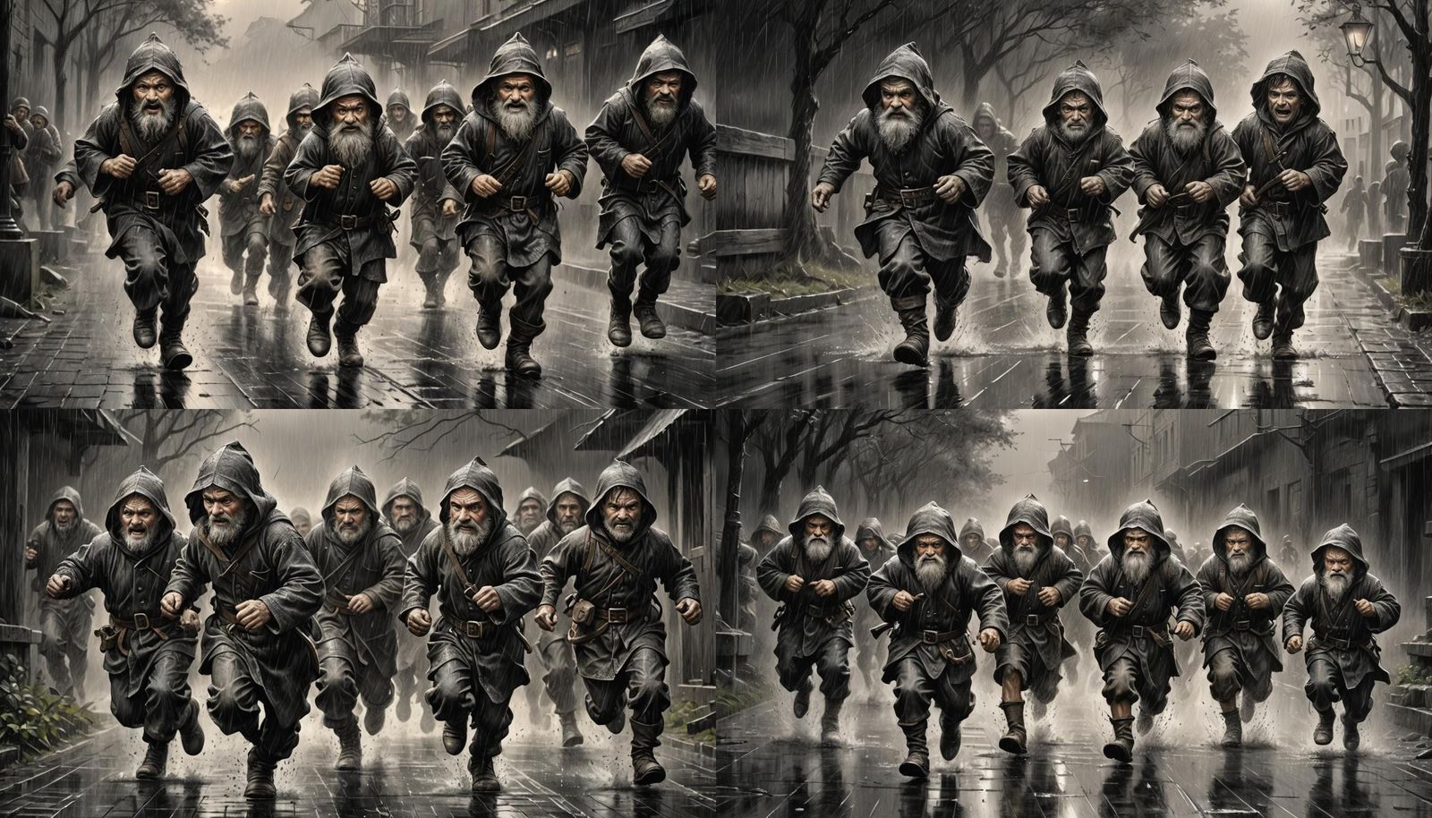 Dwarfs Running in Rain: Dramatic Charcoal Drawing