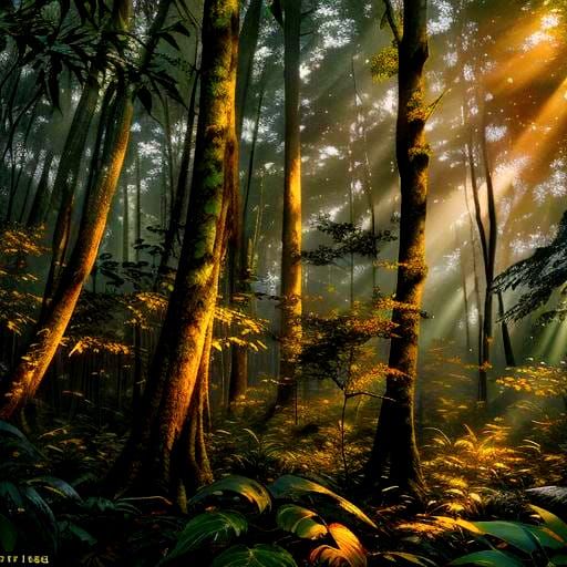 Eerie Sunset in Dense Forest with Painterly Brushstrokes