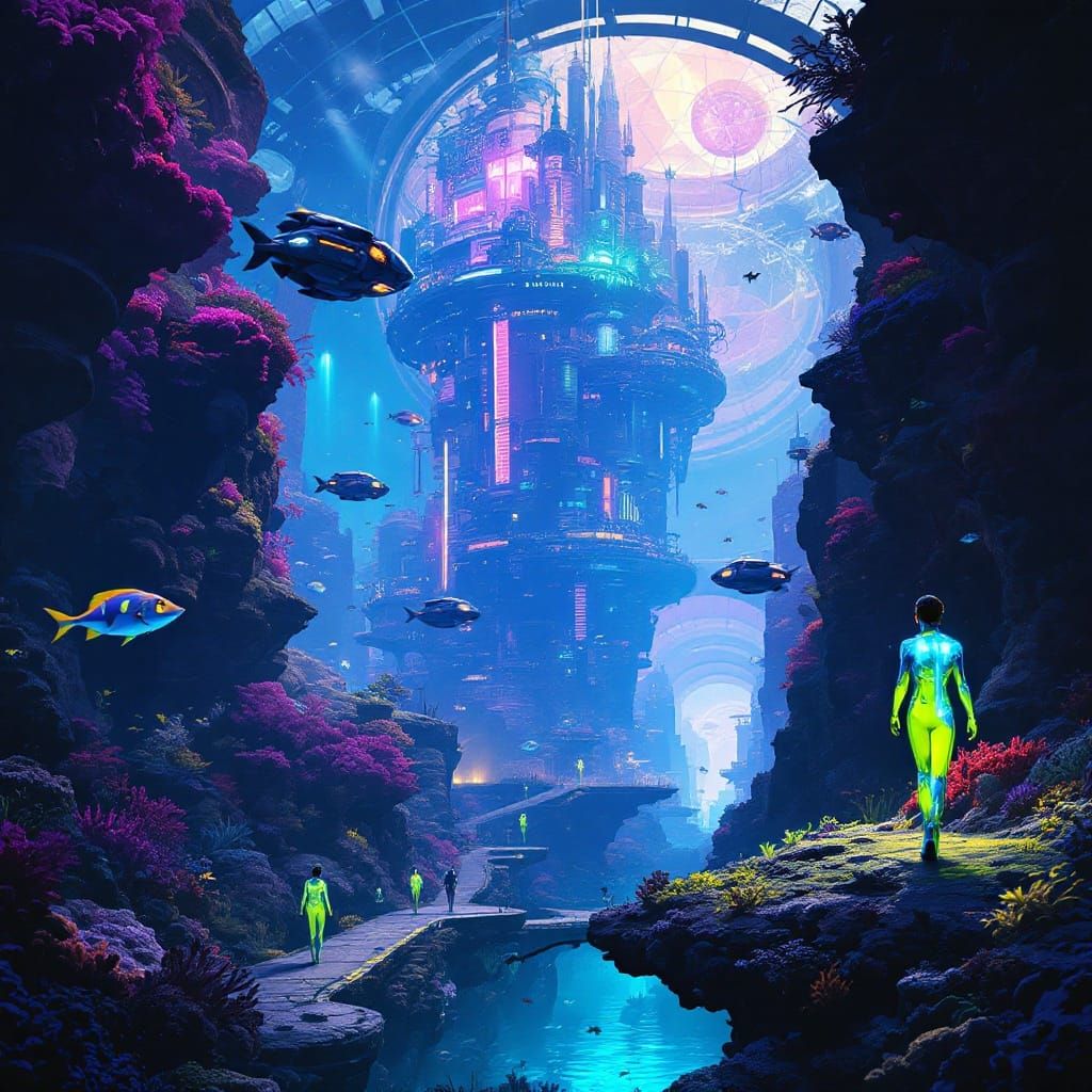 Bustling Underwater City with Bioluminescent Implants