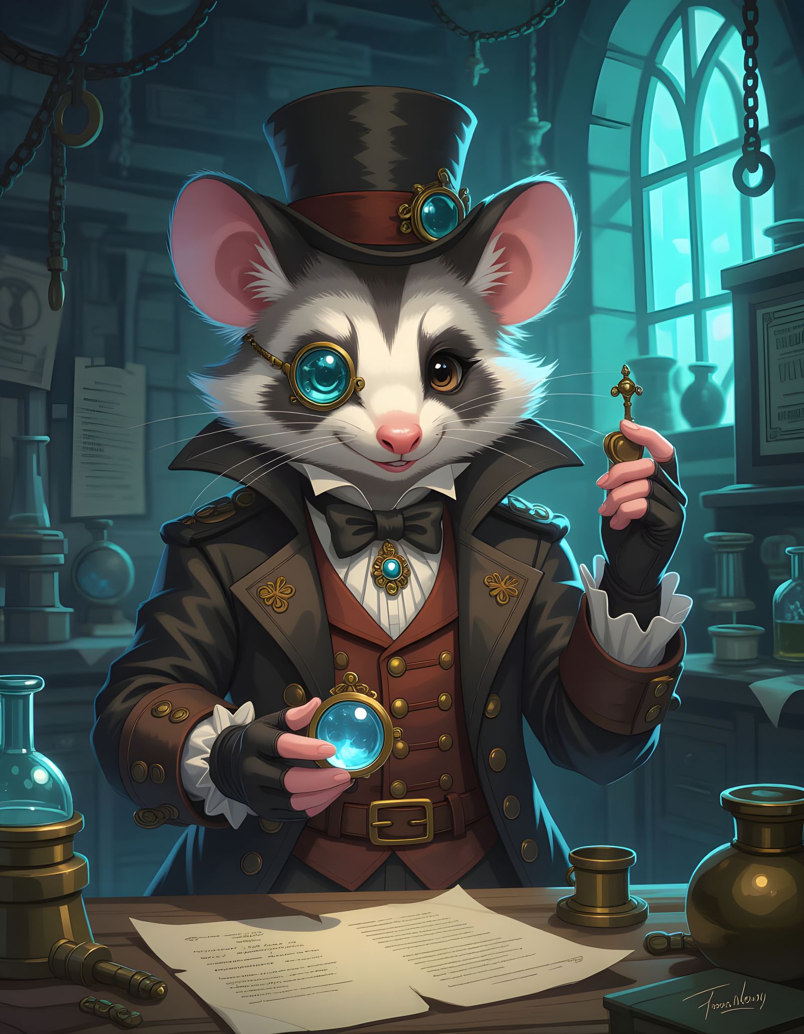 Anime Opossum Artificer in Workshop, Cel-Shaded Style