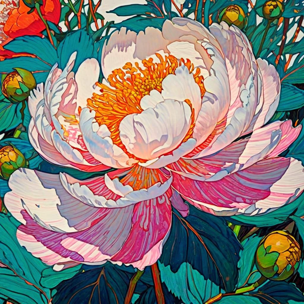 Vibrant Peony Close-Up in Expressive Painterly Style