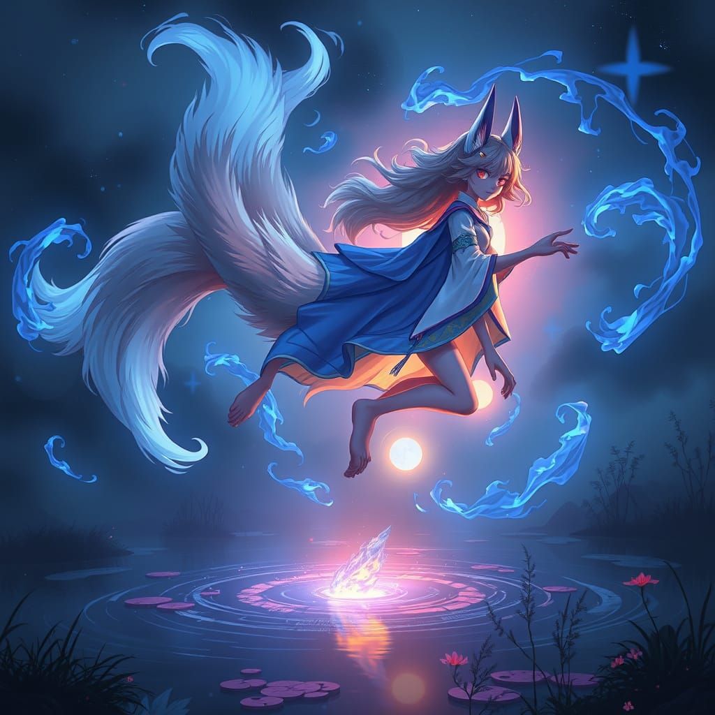 Surreal Fox Spirit in Eiichiro Oda-Inspired Night Scene