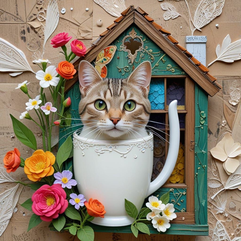 Whimsical Cartoon Cat in a Floral Wonderland
