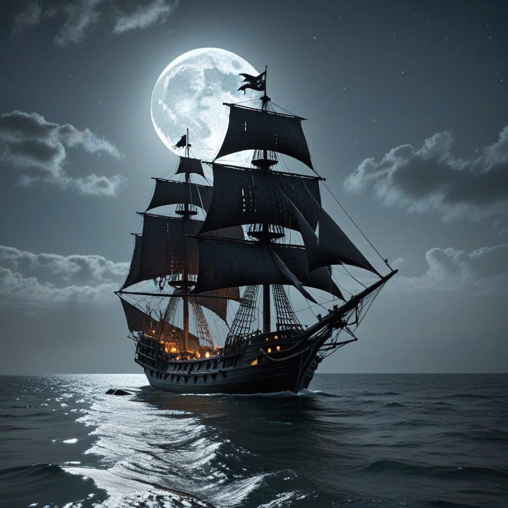 Ghostly Pirate Ship Silhouetted by Full Moon