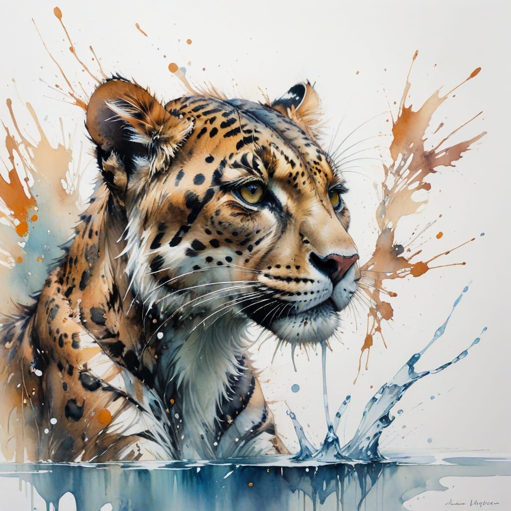 Winged Leopard Drinks from Pool in Soft Watercolor Style