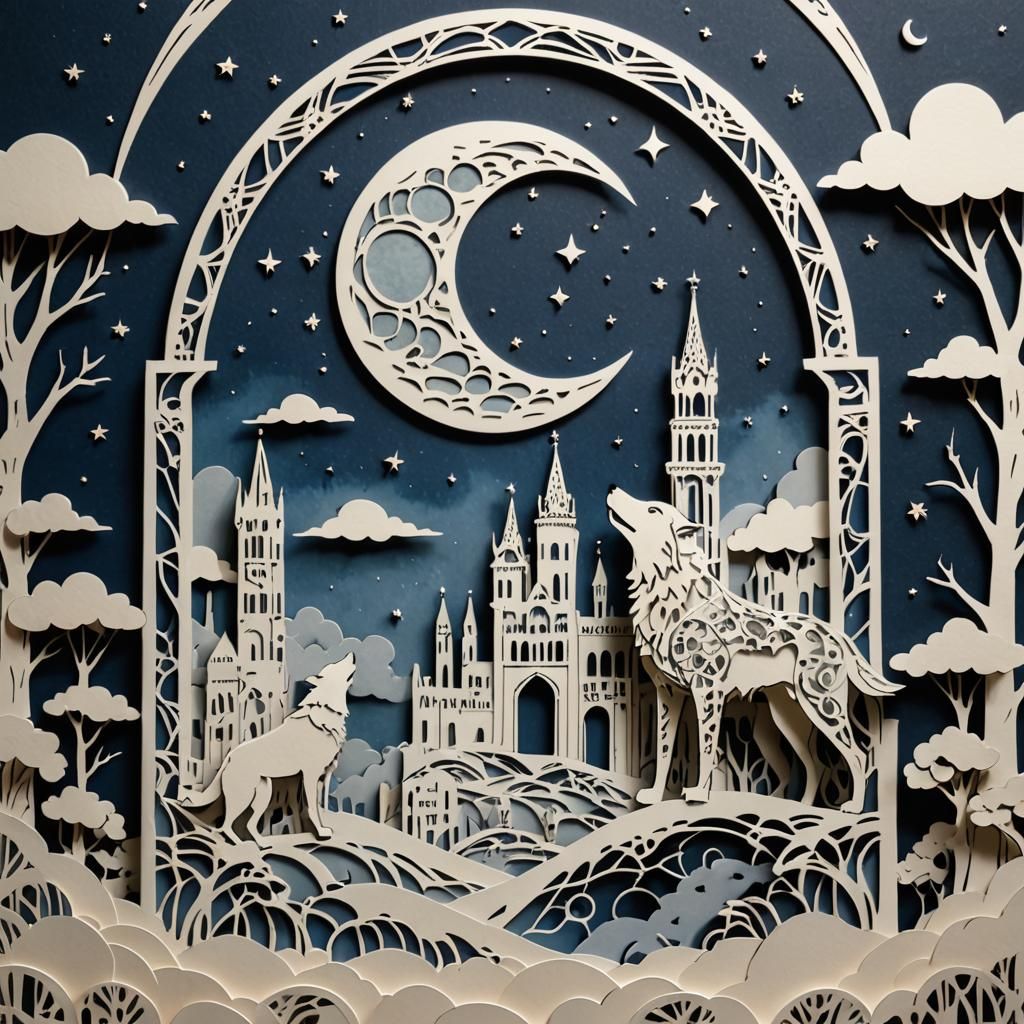 Kirigami Moon Tarot Card in Neo-Primitivism Style