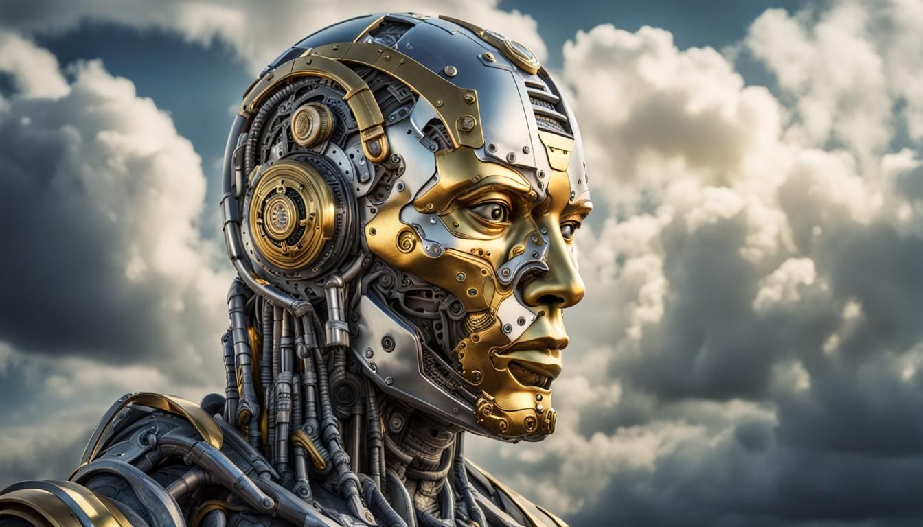 Hyperrealistic Cyborg Head in Silver and Gold