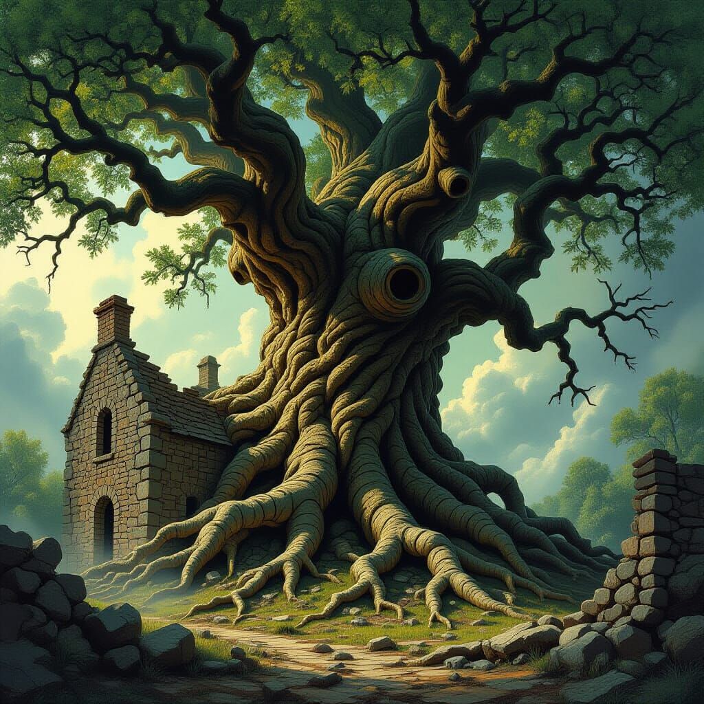 Giant Oak Tree Roots Destroying Stone Building in Dark Fanta...