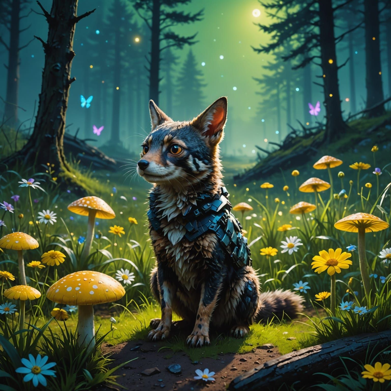 Wildlife Gathers Under Neon Sky, Cyberpunk Wizard