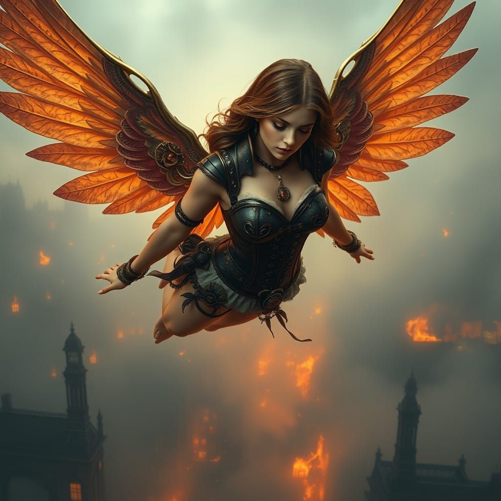 Gothic Steampunk Angel Soars Above Burning Victorian London