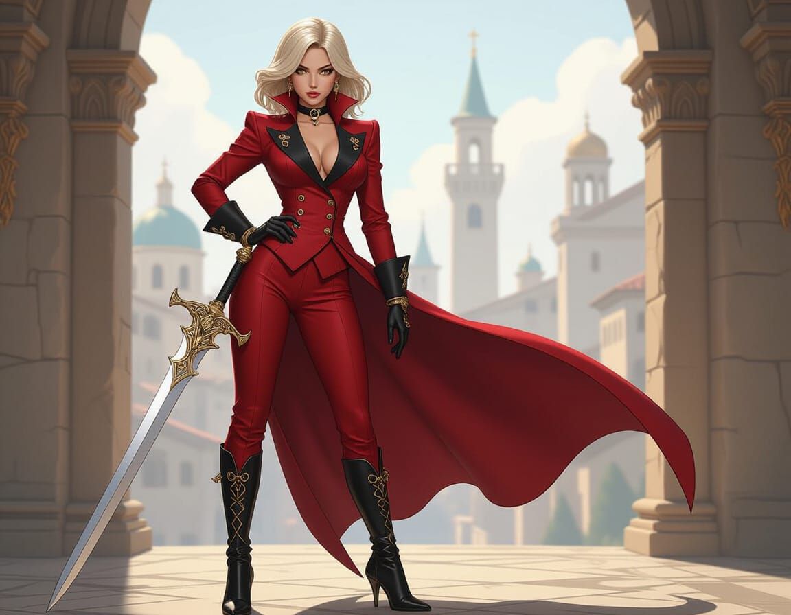 Crimson Sci-Fi Woman with Rapier, Cel-Shaded Anime Style