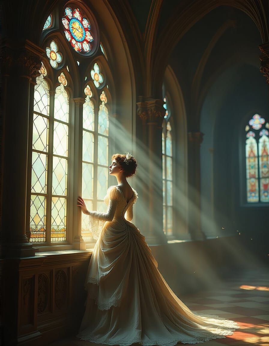 Ethereal Victorian Woman Gazes from Church Window