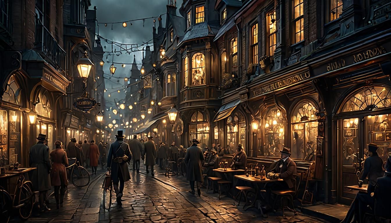 Steampunk Crowd in Vernian-Victorian Fantasy City