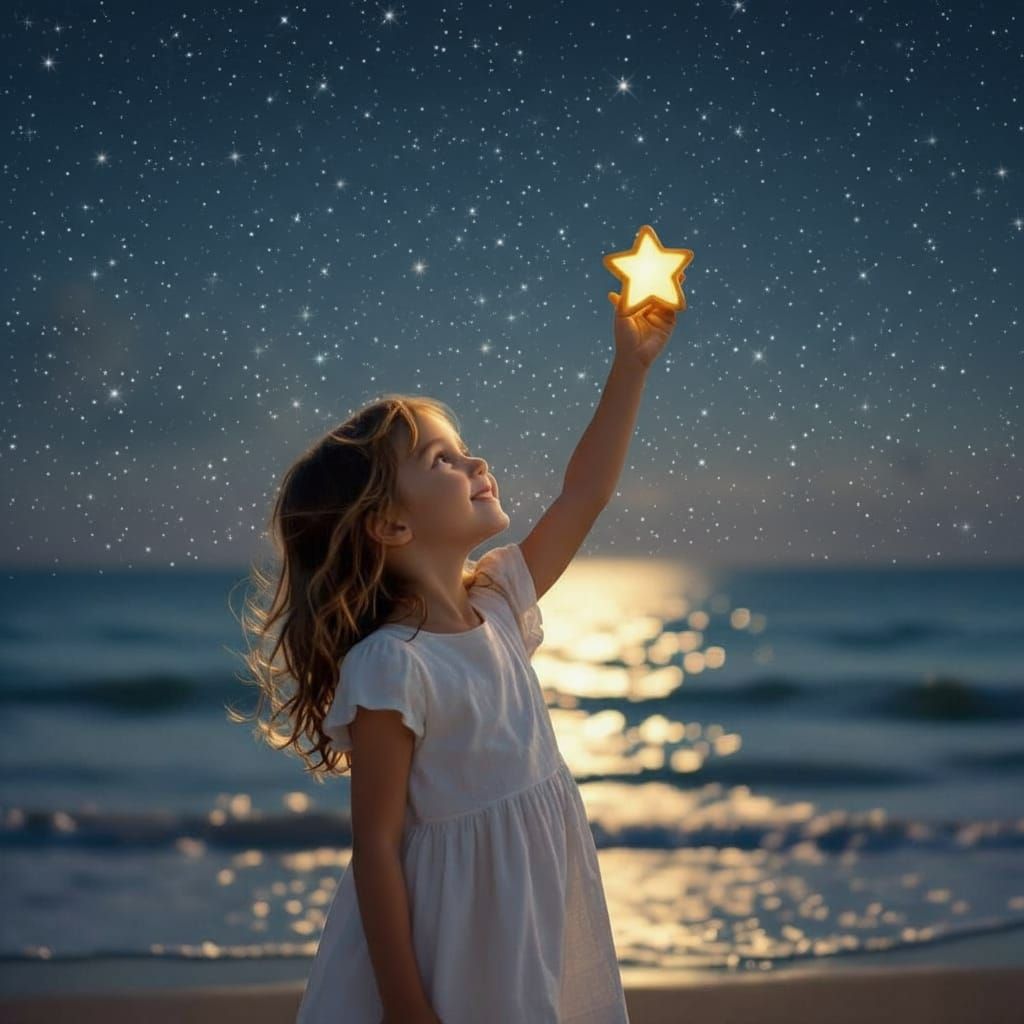 Girl on Beach Gazes at Moon with Star Cookie Cutter