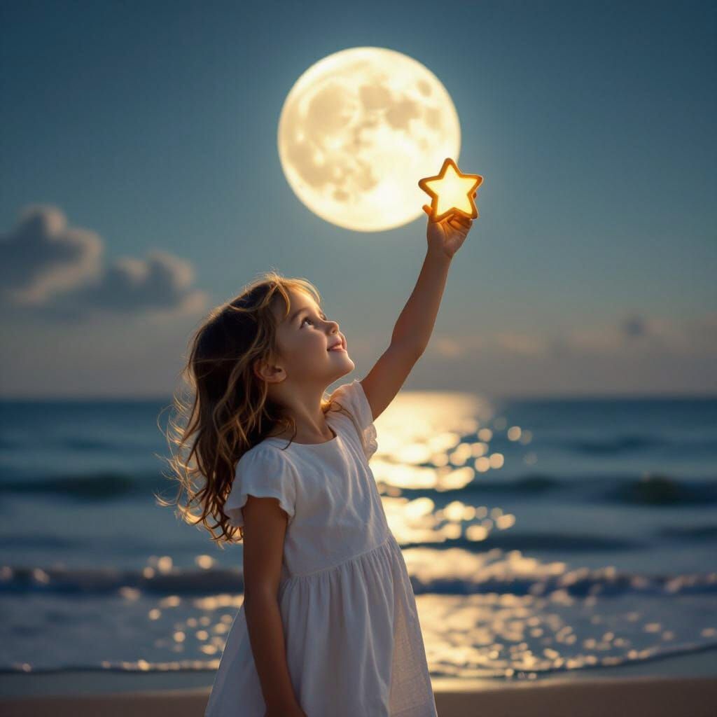 Girl on Beach Gazing at Moon with Star Cookie Cutter