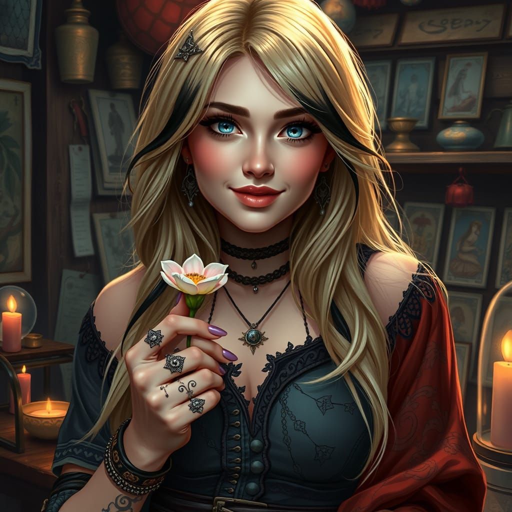 Attractive Woman with Tarot Tattoos in Manhwa Style