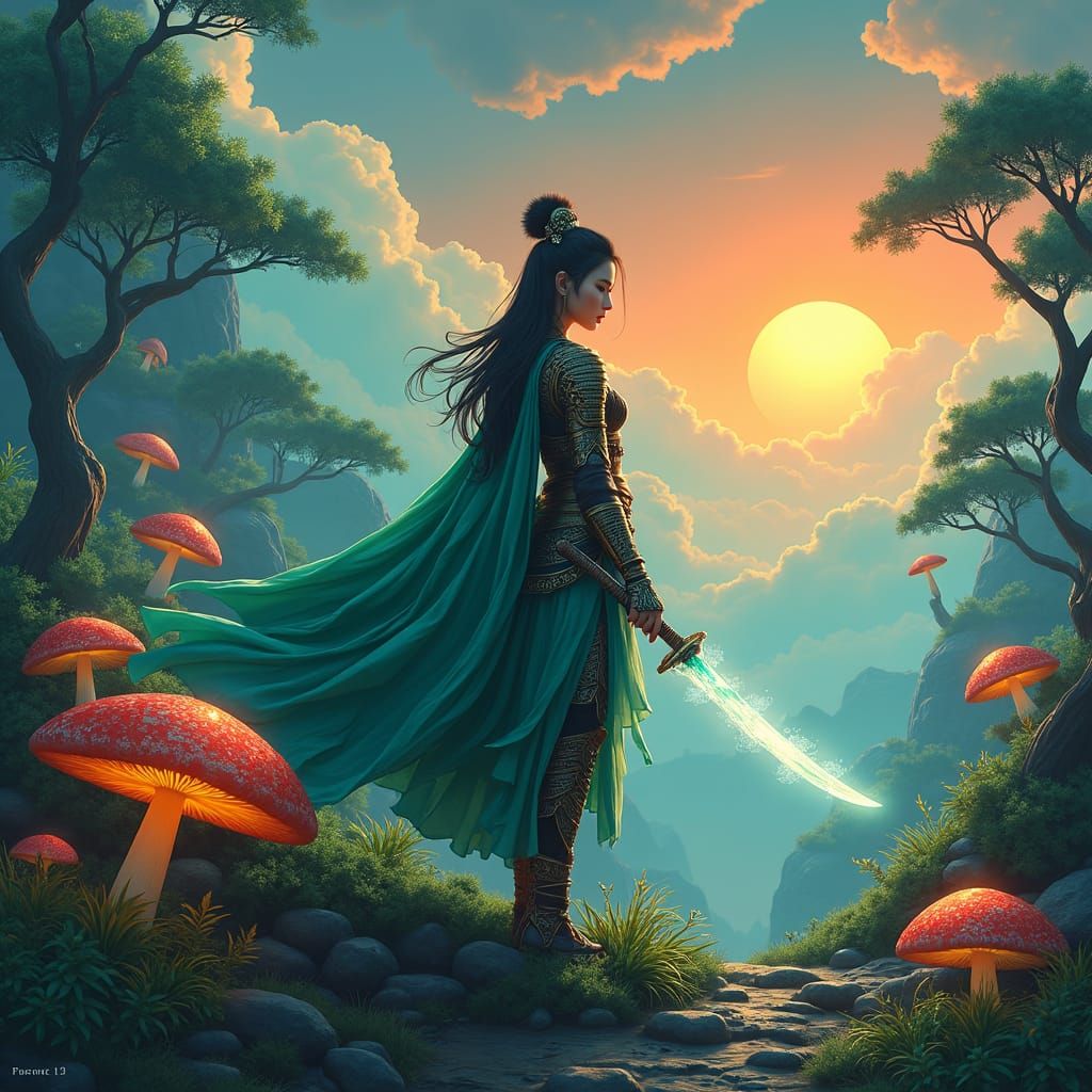 Mystical Warrior in Ukiyo-e Forest