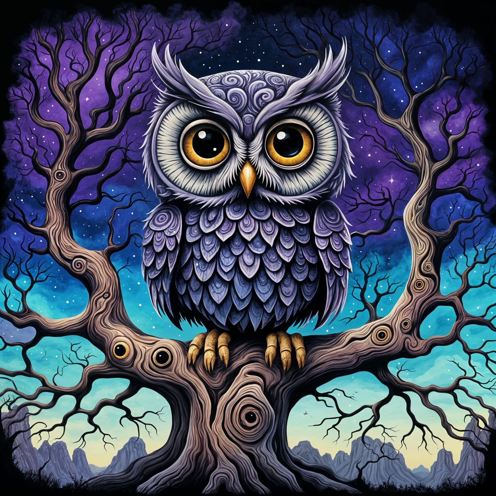 Surreal Chibi Owl on Ancient Tree, Digital Art