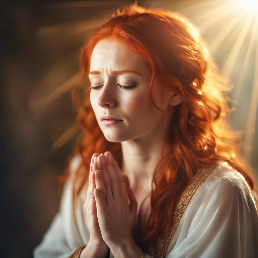 Woman in Fine Robes Praying in Divine Light
