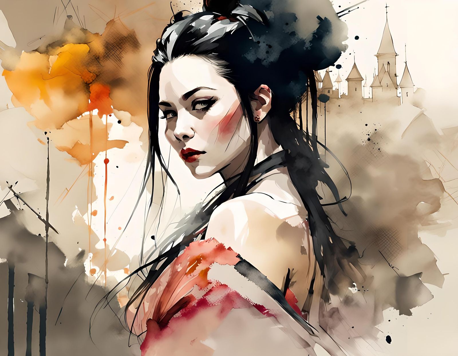 Beautiful Woman as Courtesan in Watercolor Style