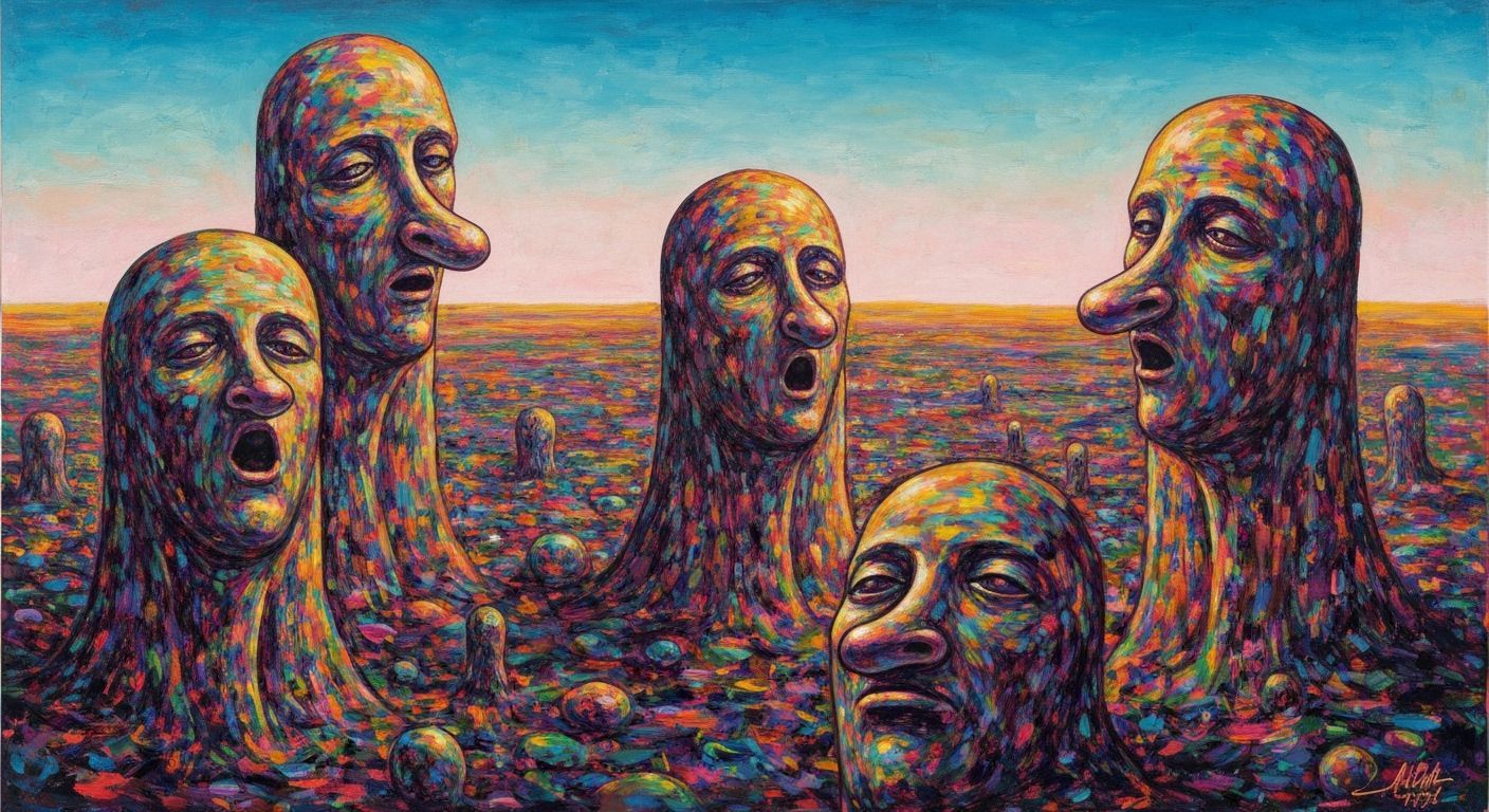 Surreal Landscape with Vibrant Anomalies and Dadaist Singing
