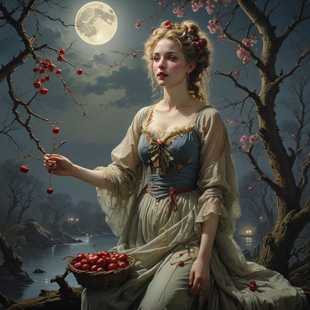 Moonlit Cherry Tree: Detailed Matte Painting