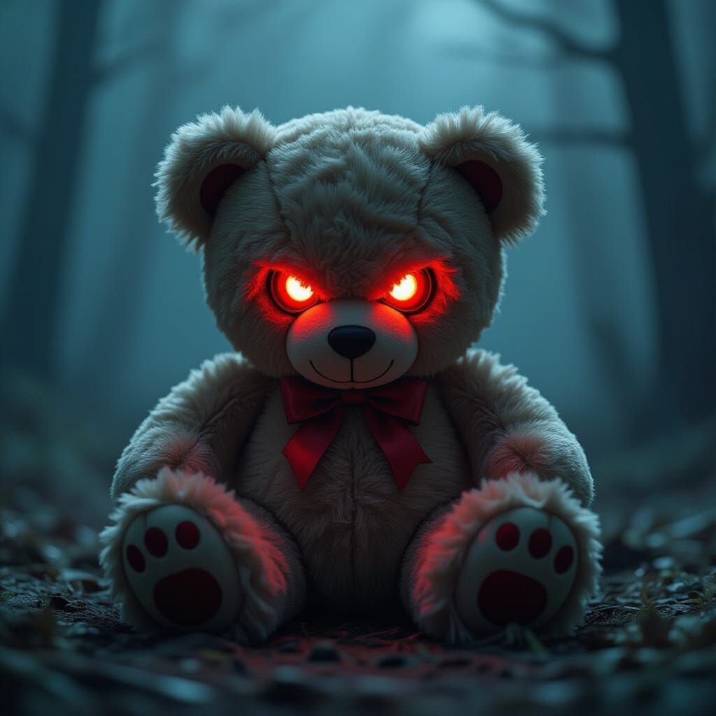 Menacing Teddy Bear with Glowing Red Eyes