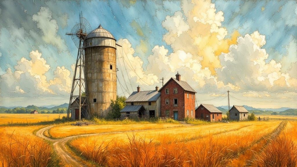 Expressionist Farm with Silo in Van Gogh Style