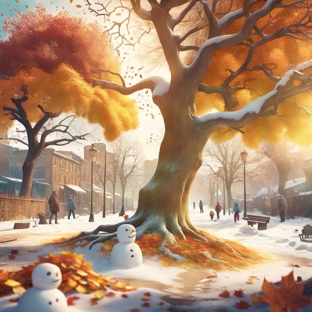 Autumn and Winter Split Screen Digital Painting