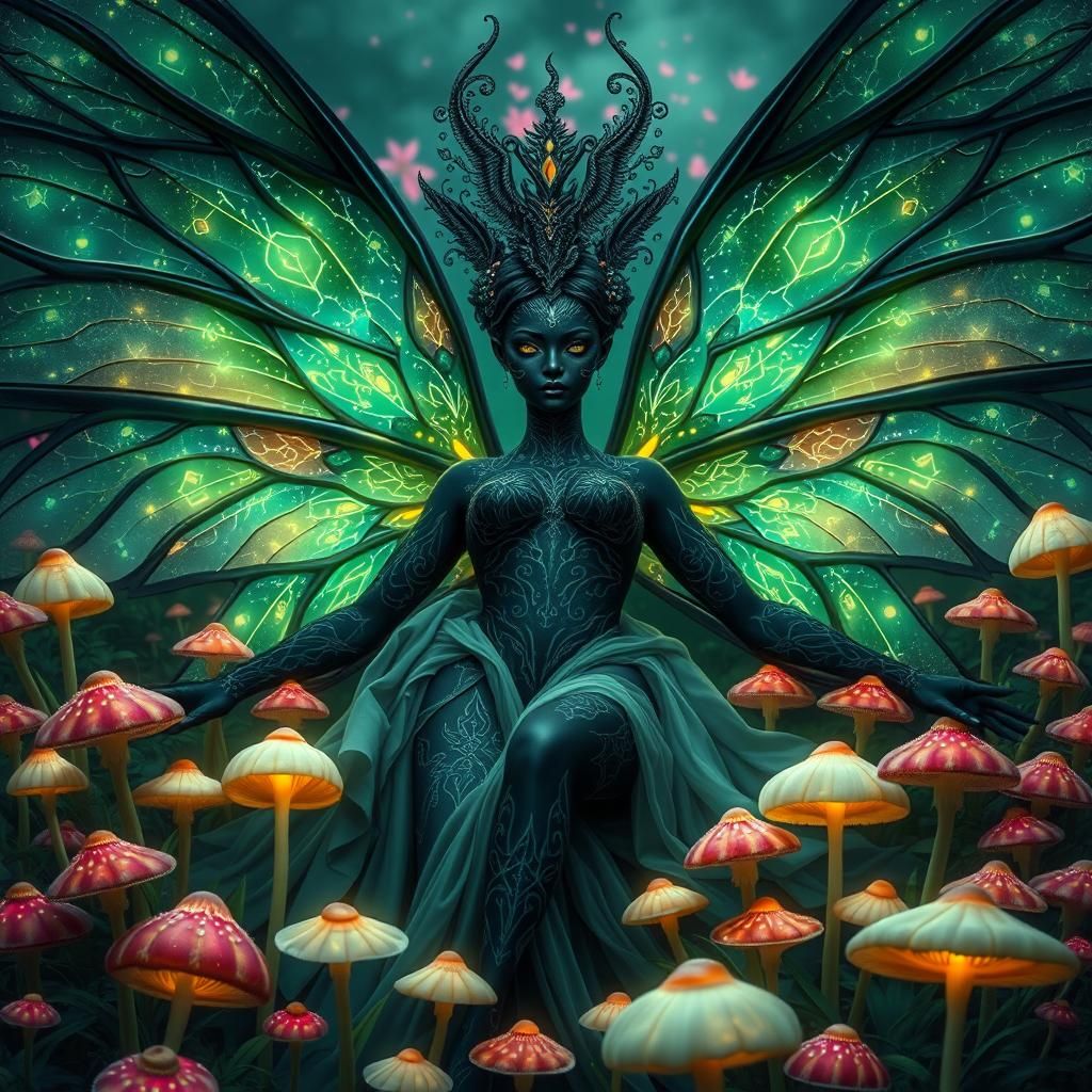 Faerie Queen in Mushroom Field, Mystical Art