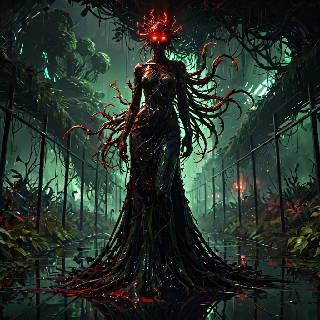 Bio-Digital Horror Priestess in a Corrupted Biodome