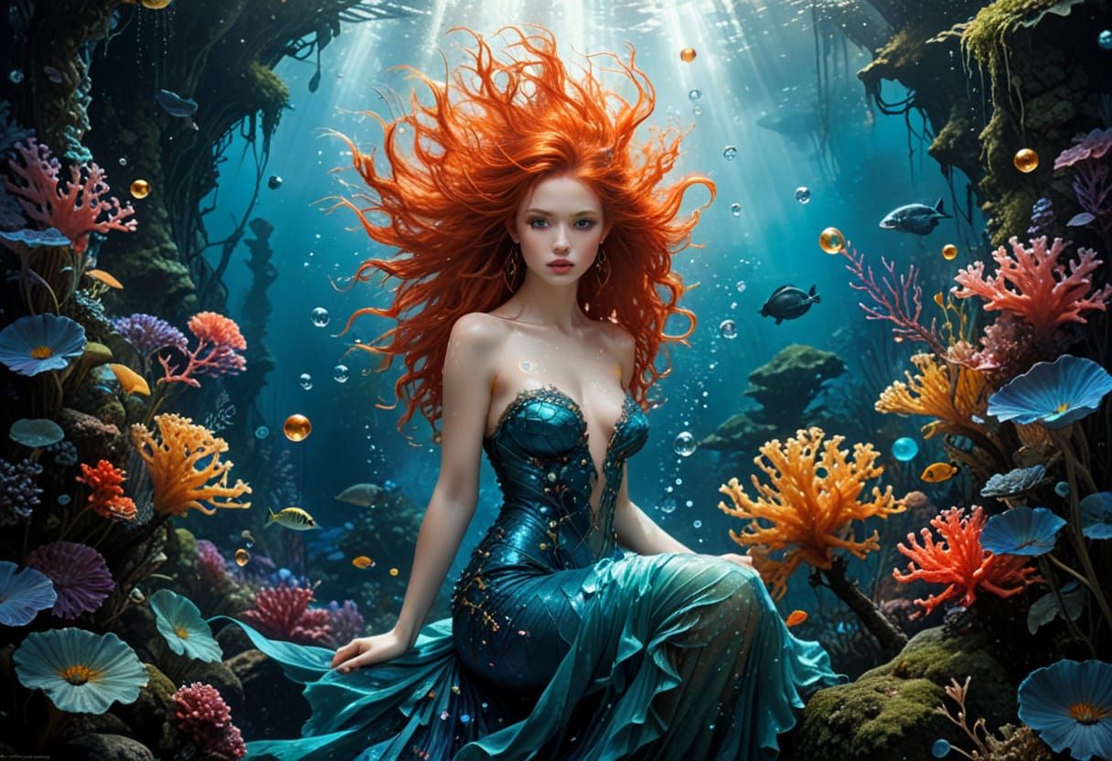 Underwater Fashion Mermaid Portrait in Dark Fantasy Style