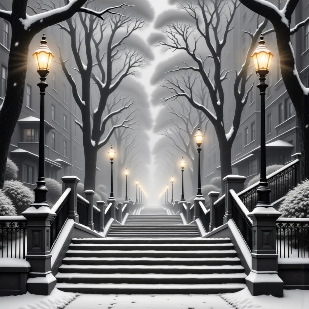 Majestic Winter Staircase in Monochromatic Harmony