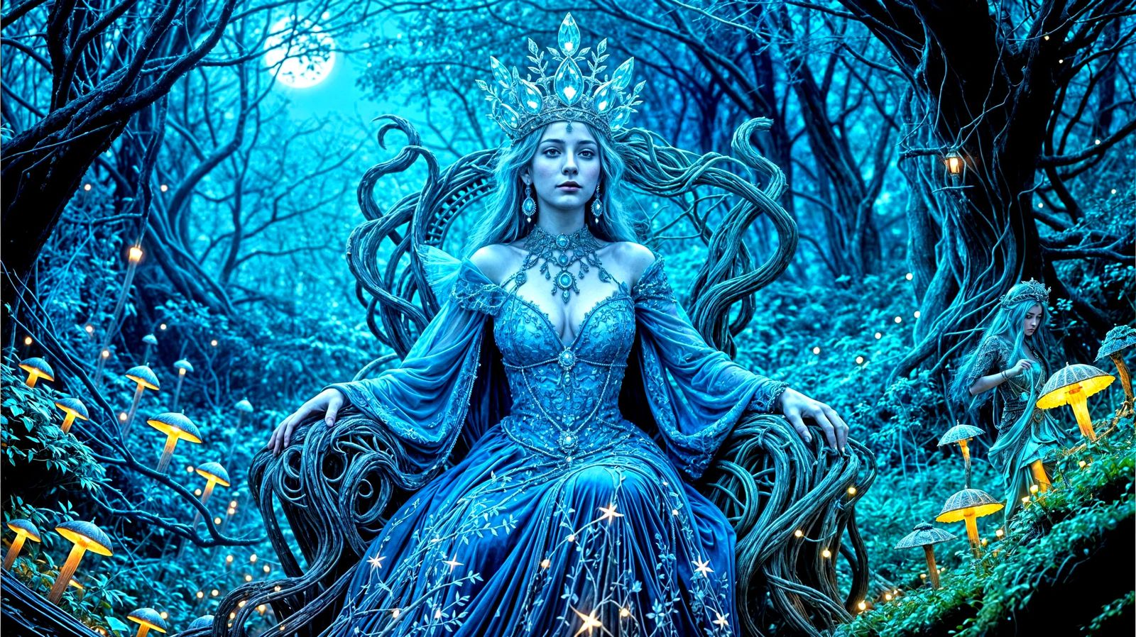 Regal Queen in Enchanted Forest Throne Room