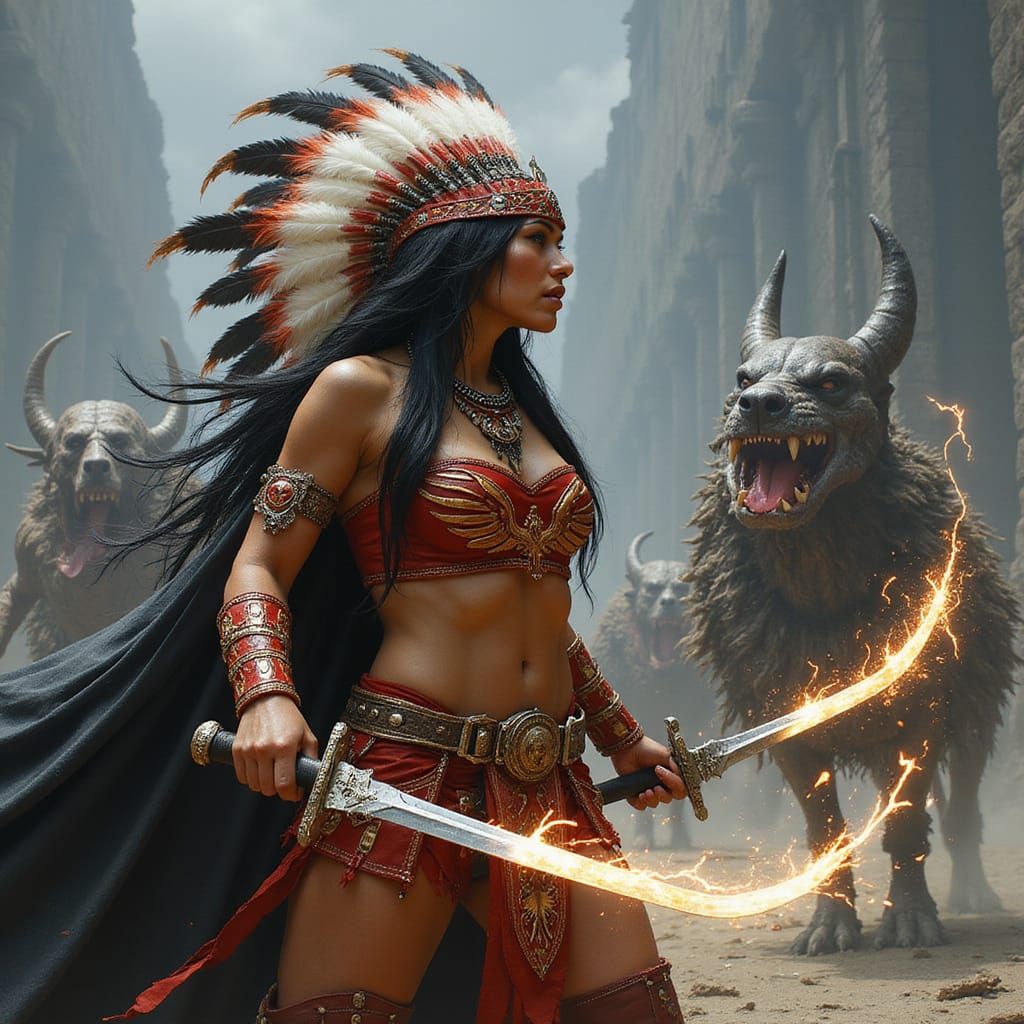 Native American Warrior Battles Orc Squid in Fantasy Art