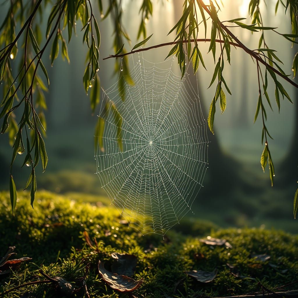 Hyperrealistic Dew-Kissed Spiderweb in Misty Forest
